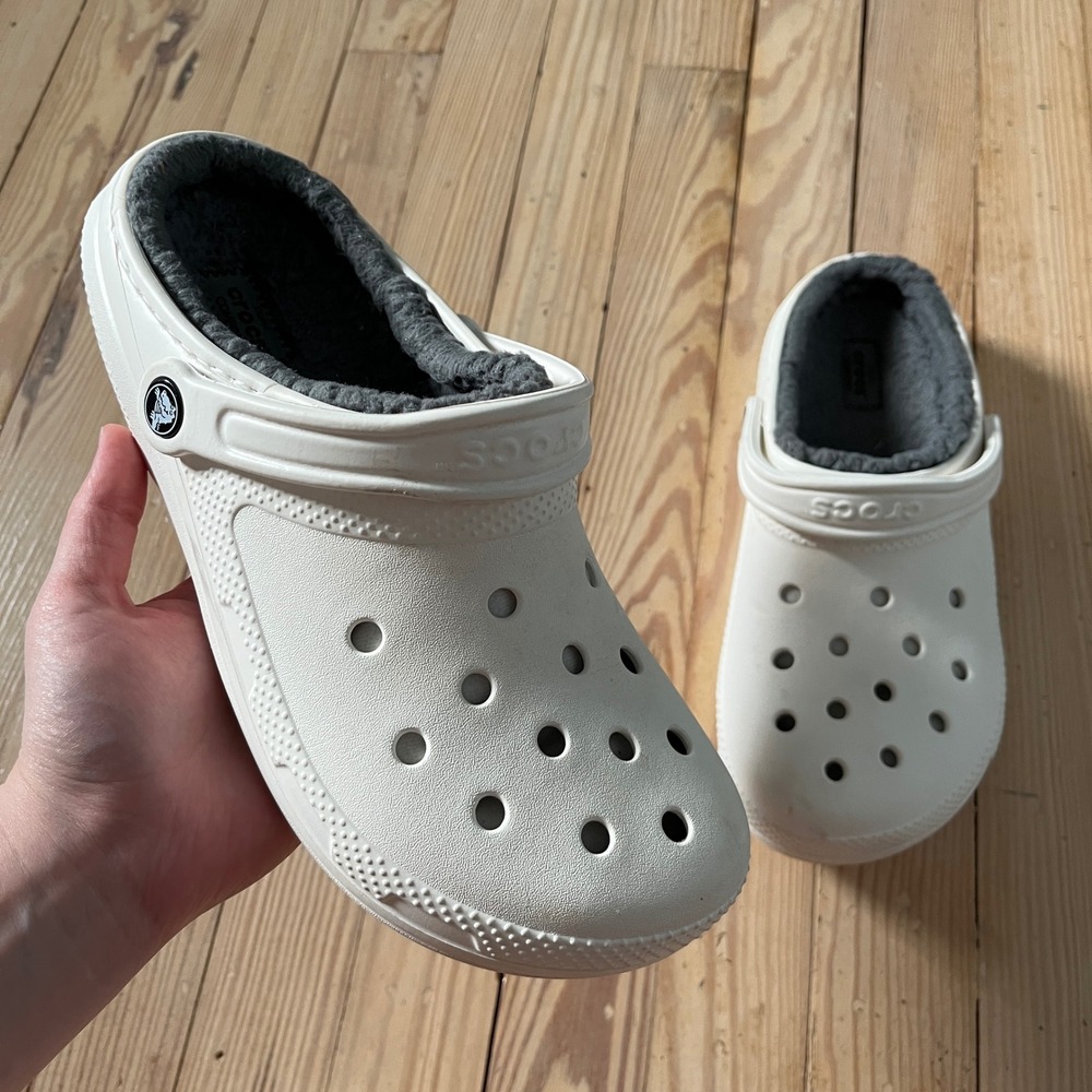 Crocs Classic Lined Clog Unisex White Grey Faux Fur Warm Slip On Casual Shoes